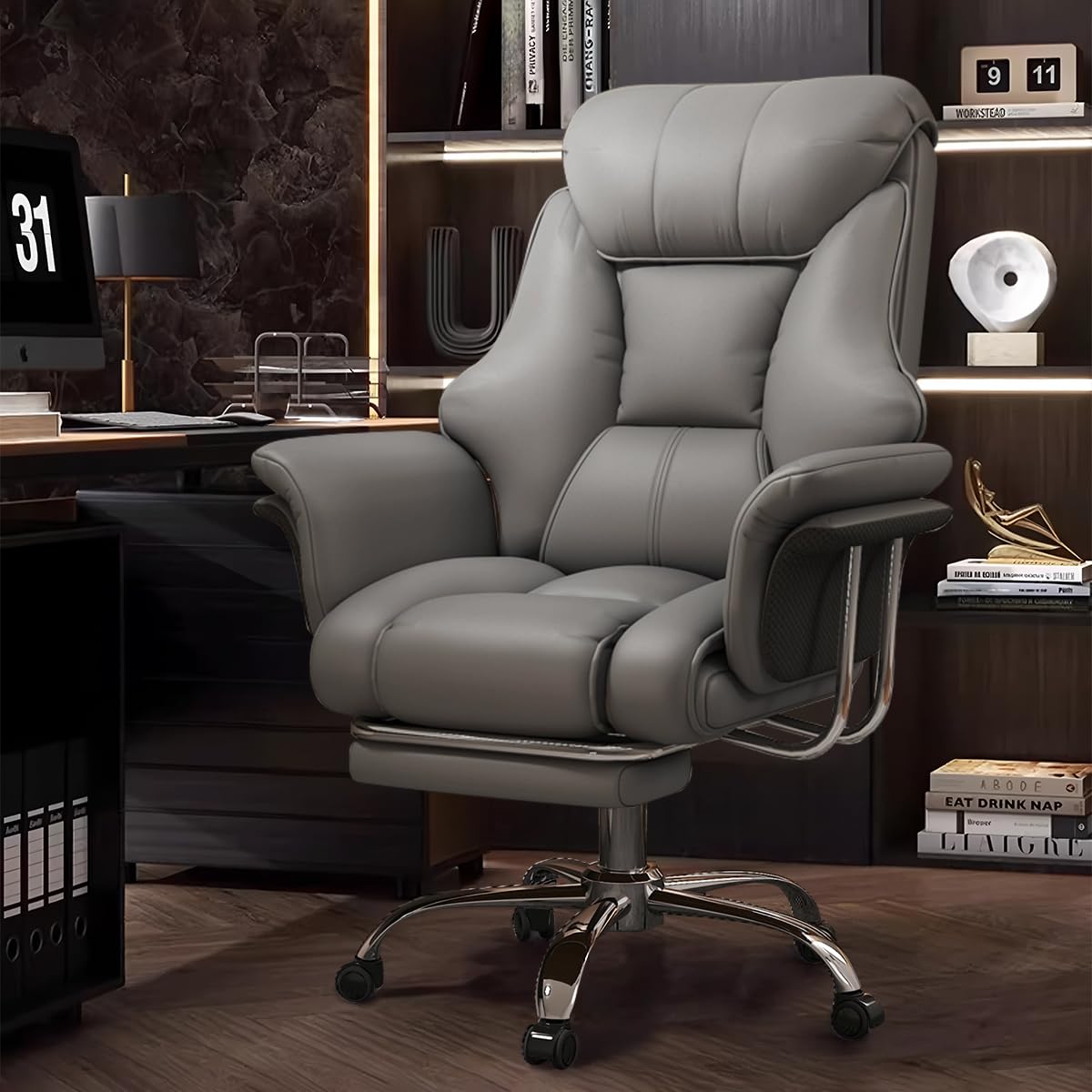 Big and Tall Office Chair Wide Seat Ergonomic Leather Executive Desk Chair with Leg Rest, Heavy-Duty 250kg Adjustable Height Computer Gaming Chairs Grey - Grey