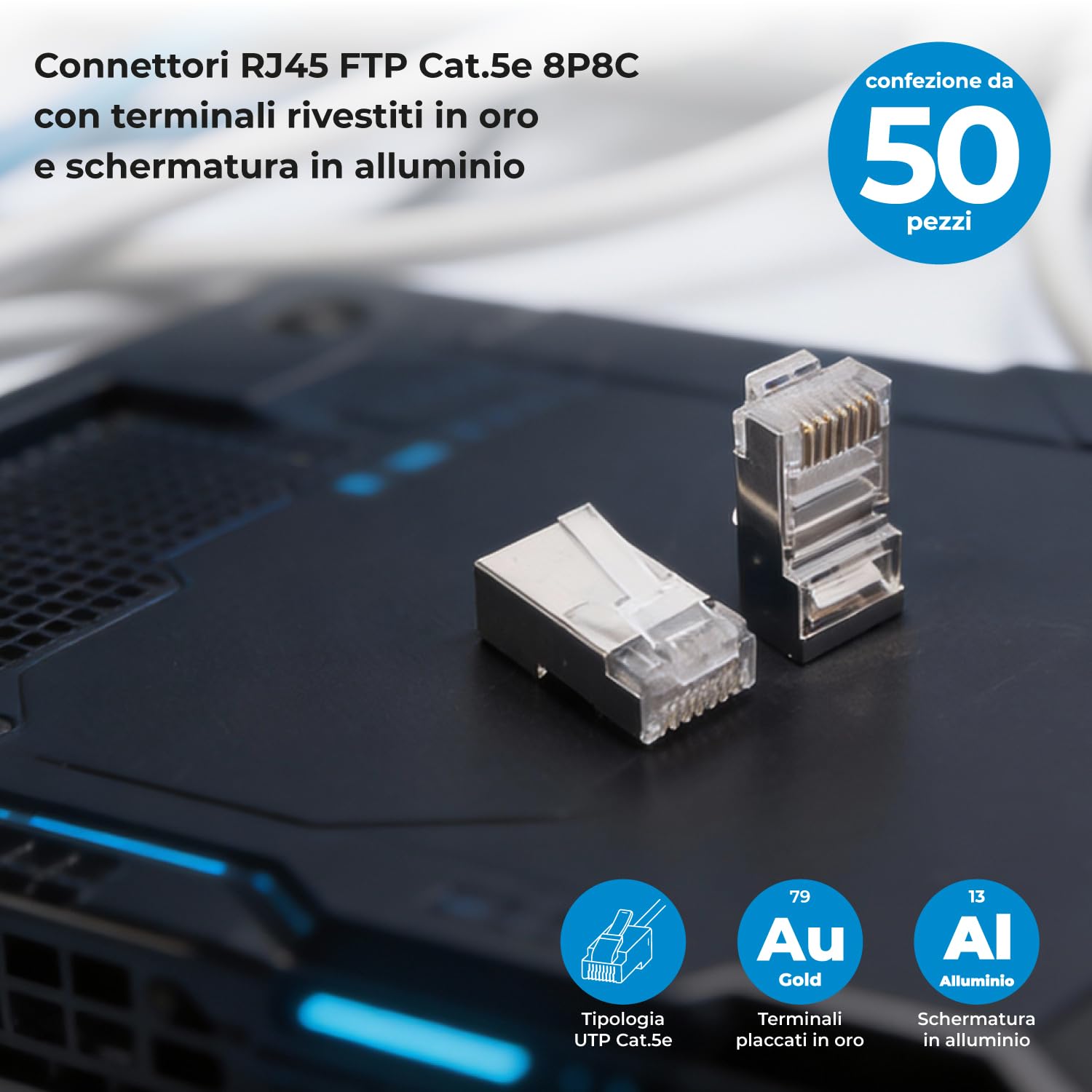 Vultech SN21404 - Conectores Blindados RJ45 FTP (50 Unidades), Color Plateado