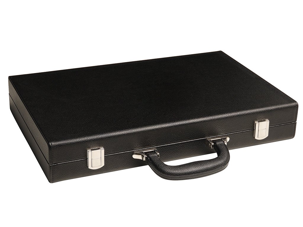 Silverman & Co. 40 cm Backgammon Reise Koffer für Erwachsene – schwarzes Kunstleder – faltbares Backgammon-Set mit grünem Spielfeld sowie schwarzen und weißen Spielpunkten – leicht & tragbar