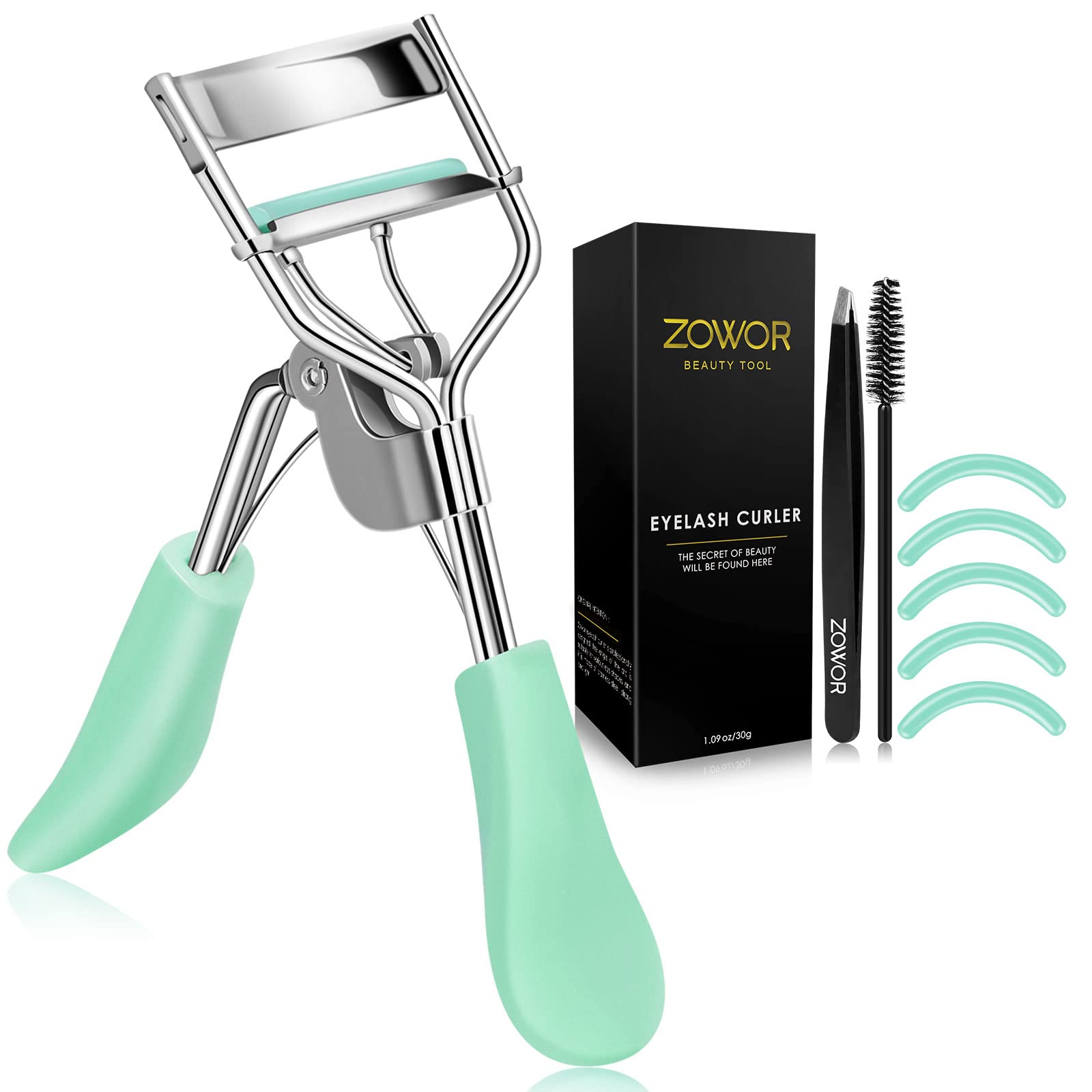 Eyelash Curlers with 6PCS Silicone Refill Pad Fit All Eye Shape Curved Eyelash Curler,Natural and Long Lasting Lash Curler for Women Make Up Gift（Green）