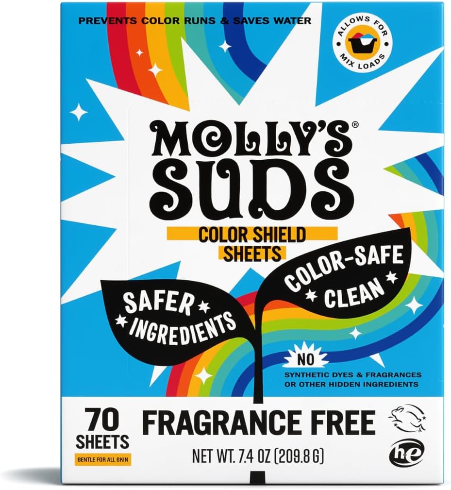 Molly’s Suds Color Shield Sheets for Laundry - Fragrance Free - Prevents Color Runs & Maintains Clothes Original Color - Made with Plant-Based Fibers - 70 Sheets