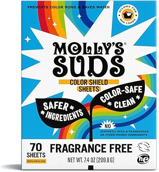 Mollys Suds Color Shield Sheets for Laundry - Fragrance Free - Prevents Color Runs & Maintains Clothes Original Color - Made with Plant-Based Fibers - 70 Sheets