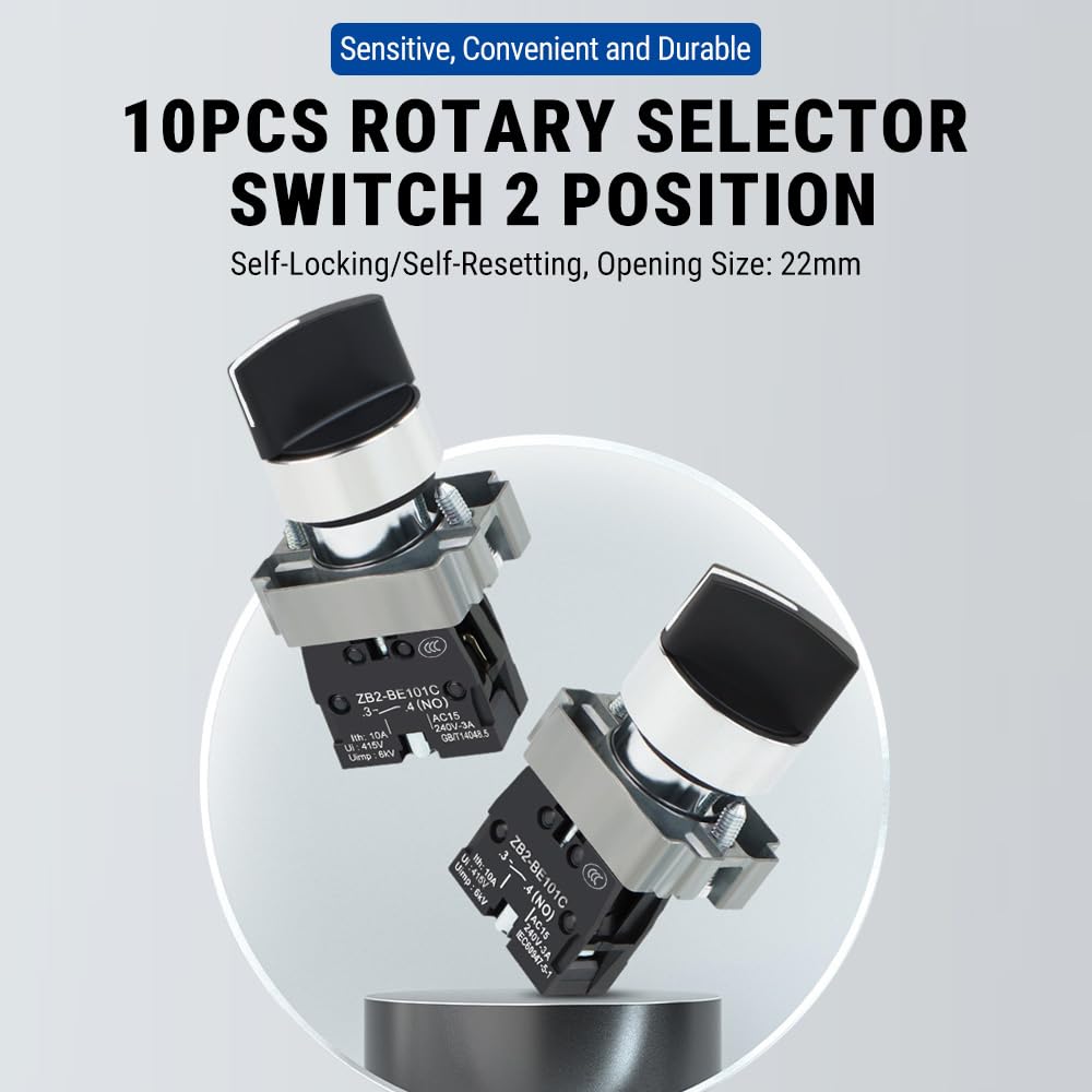 10 Pièces 1 NO Interrupteur 2 Positions Sélecteur à Verrouillage | 600V 10A Commutateur Rotatif pour Contrôle de Machine