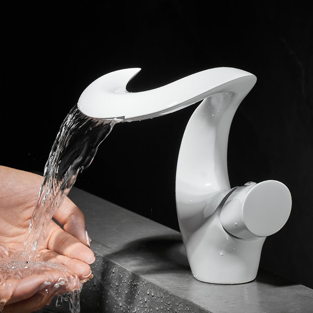 Wasserhahn Bad Wasserfall Waschtischarmatur Messing Einhebel Mischbatterie Waschbecken Armatur, Badarmatur Waschtischbatterie Badezimmer, Weiß