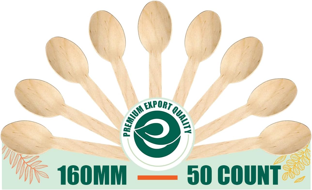 ECO SOUL [160mm, 50 Pack] Disposable Spoons Wooden Dining Flatware Ideal for Kids Birthday, Wedding & Party