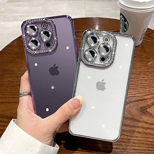 Miniatura 8 de Funda transparente con purpurina para iPhone 15 Pro, lujosos diamantes de imitación brillantes con protector de cámara, revestimiento de TPU suave,