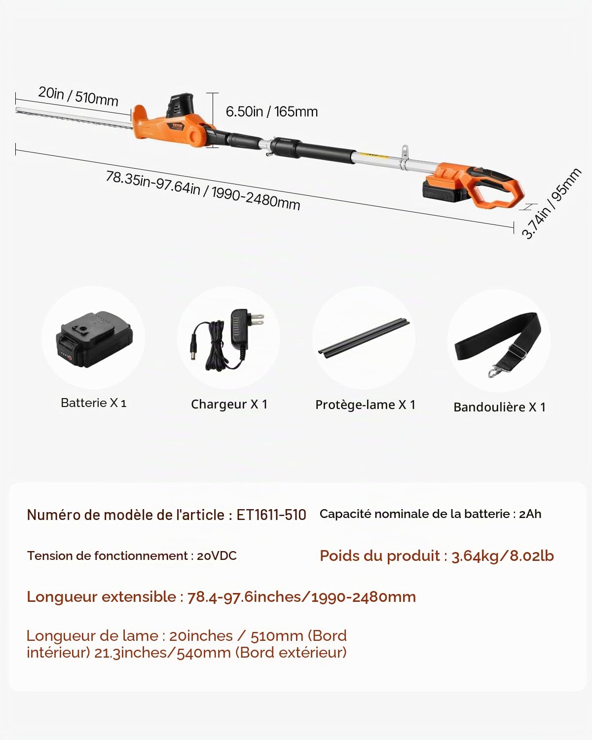 VEVOR Taille-haie Électrique sans Fil sur Perche Extensible 1,9-2,4 m 20 V Batterie 2 A, avec Lame 510 mm, 5 Angles Réglables 30°-150°, pour Entretien des Branches Hautes, Taillage Arbres de Jardin