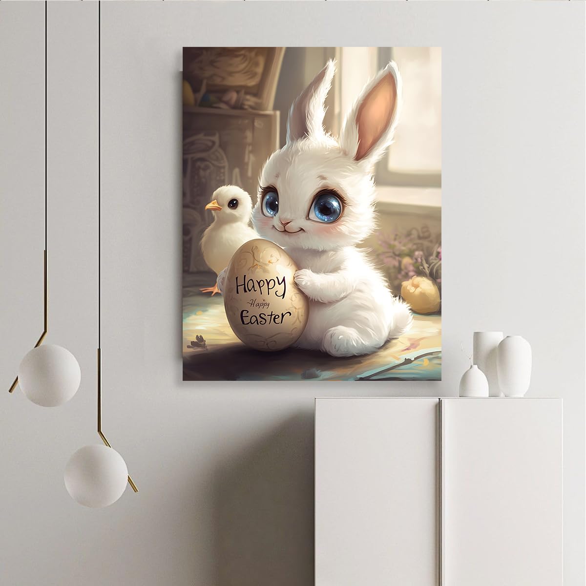 CHERHERART Wielkanocny królik płótno ilustracja ścienna jajka wielkanocne obrazy grafika uroczy plakat na płótnie do kuchni jadalnia 75 x 100 cm rama wewnętrzna