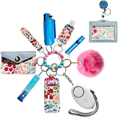 Auxu Keychain Set for Women and Girls Includes Beaded Wristlet, Pom Pom, Credit Card Puller and Personal Alarm Cover