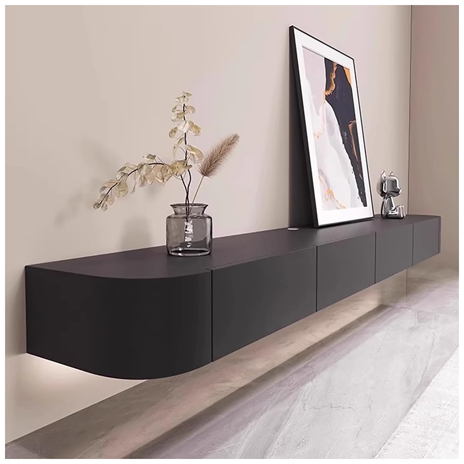 Meuble TV suspendu mural beige et noir - Grand banc TV console de rangement