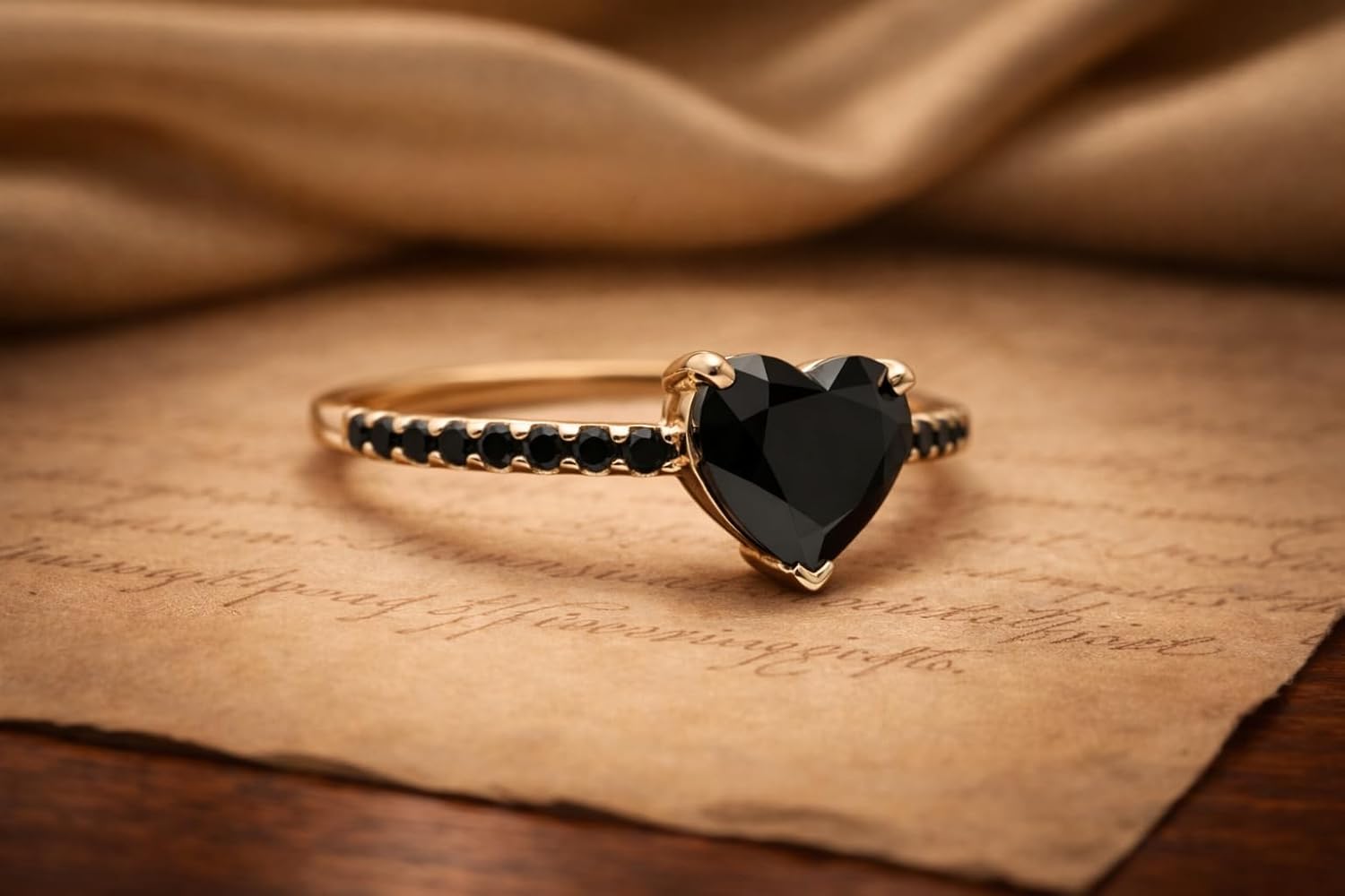 Heart Cut Black Onyx Engagement Ring in 14K Yellow Gold Dainty Black Pavé Band Gothic Style Promise Ring Romantic Alternative Jewelry Gift for Women