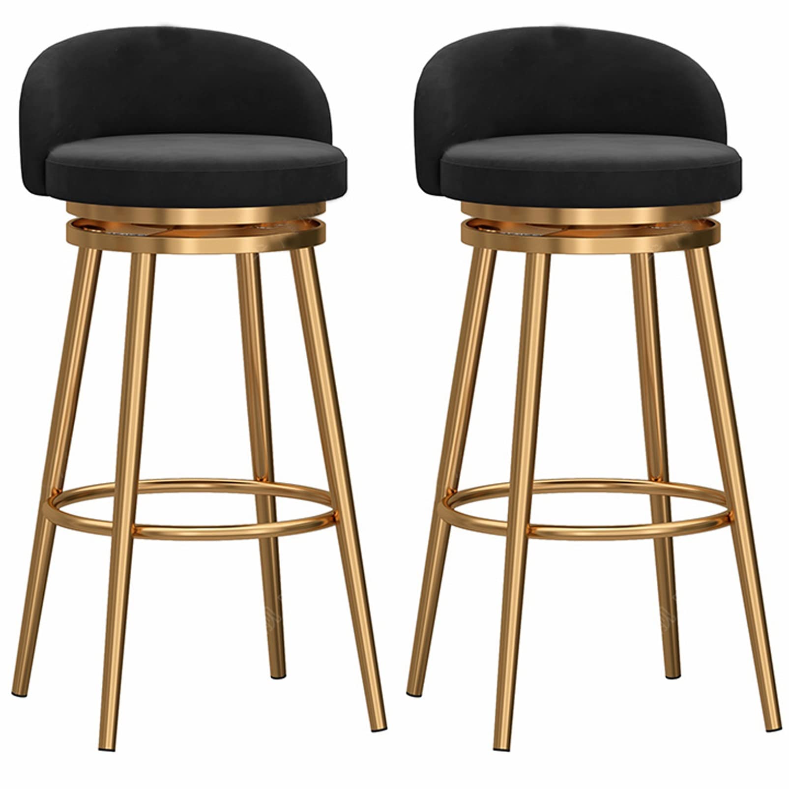 AYCDL 2pcs 360° Swivel Barstools Counter Height Stool Bar Stools, Velvet High Bar Chairs with Backrest and Footrest, Upholstered Stools for Kitchen Island,Gold Black-75cm