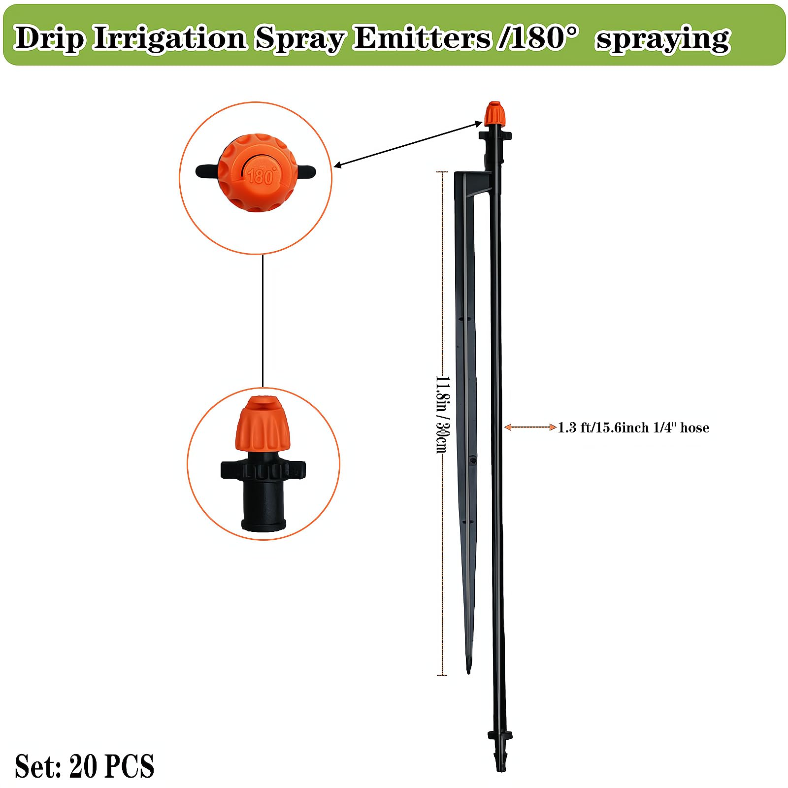 Testine per irrigazione a 180 gradi con pali da 30,5 cm, emettitori spray per irrigazione a goccia da 1/4 con tubo per sistema di irrigazione da giardino (nero e arancione, 20 pezzi)