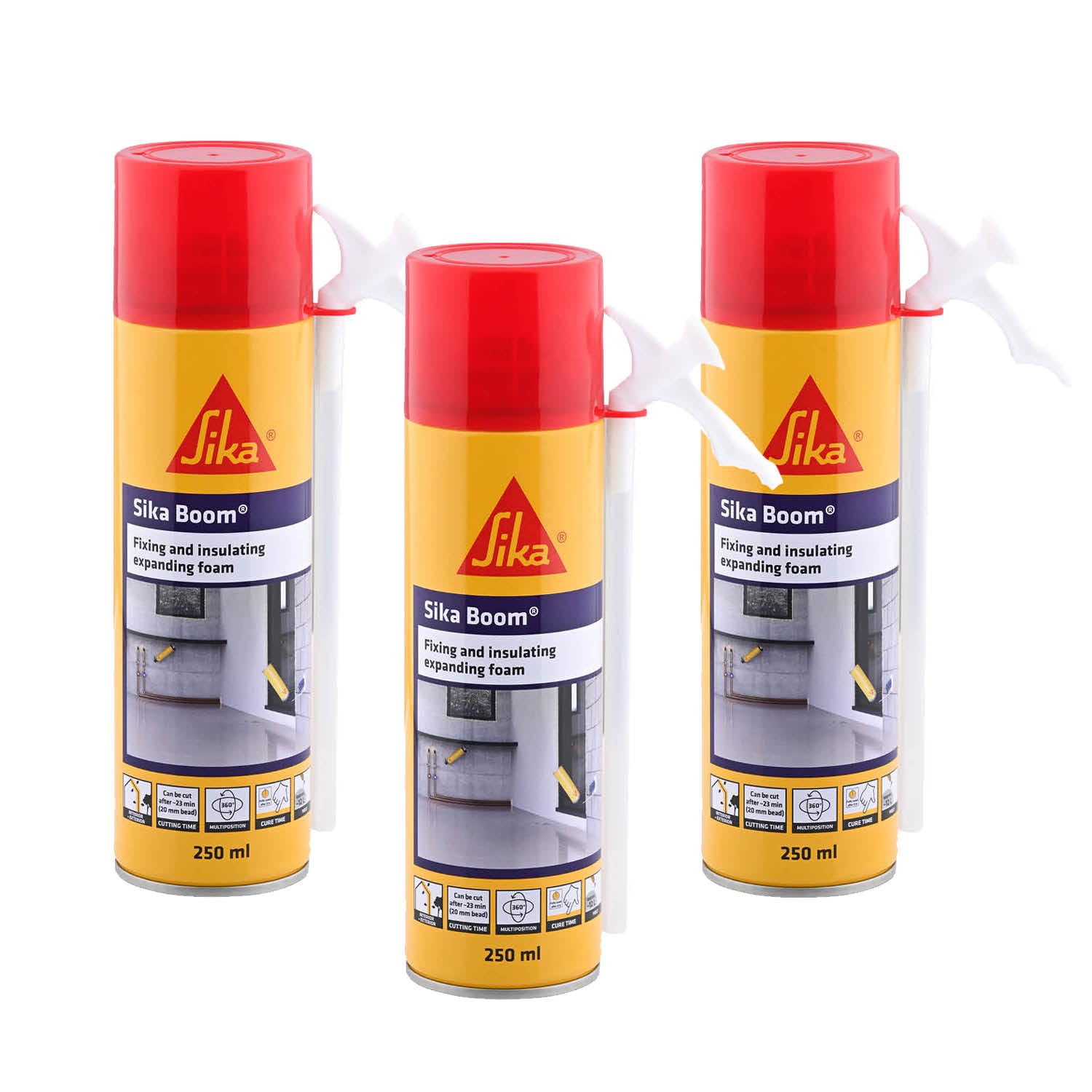 SIKA - Pack of 3 PU expanding foam spray – SikaBoom AP – Single component polyurethane foam – Fast curing – HFC-free – Easy to apply – 250 ml – Light Yellow