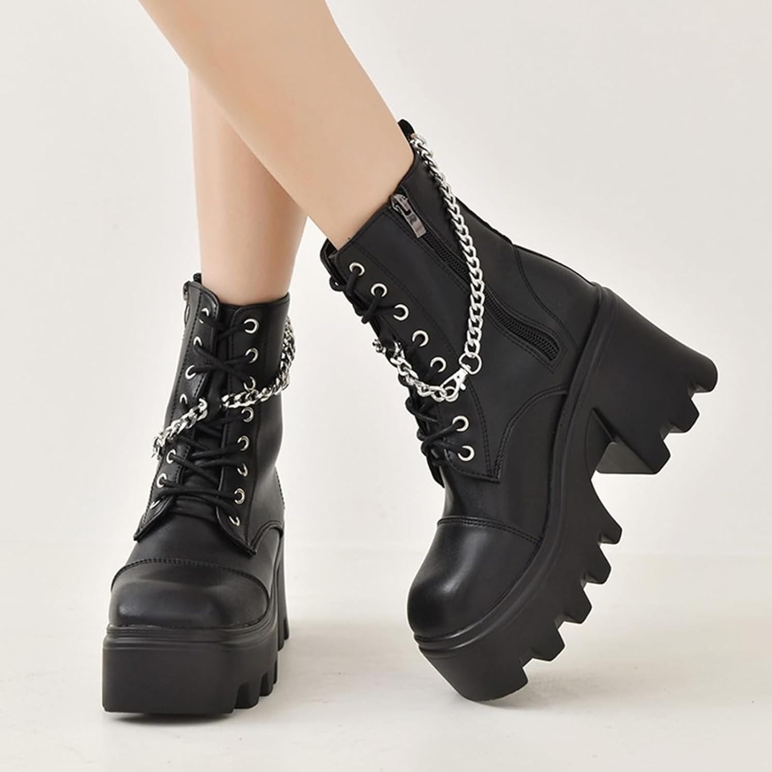 UOQAPRE Women's High Heel Combat Boots Square Toe Lace Up Ankle Booties Fashion Wedge Chunky Platform Boots Zipper Bootie Shoes