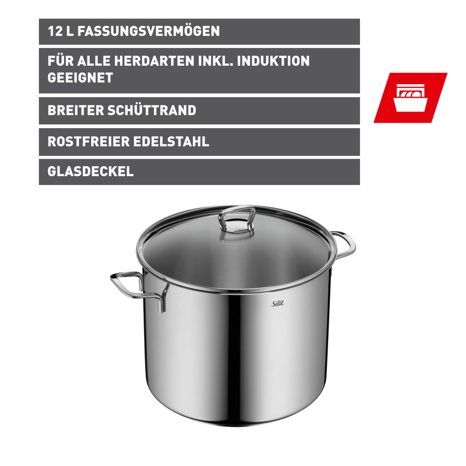 Silit Gemüse- Suppentopf Induktion 28cm, Glasdeckel, Topf 12l hoch, Edelstahl poliert, Topf groß Induktion, unbeschichtet, backofengeeignet