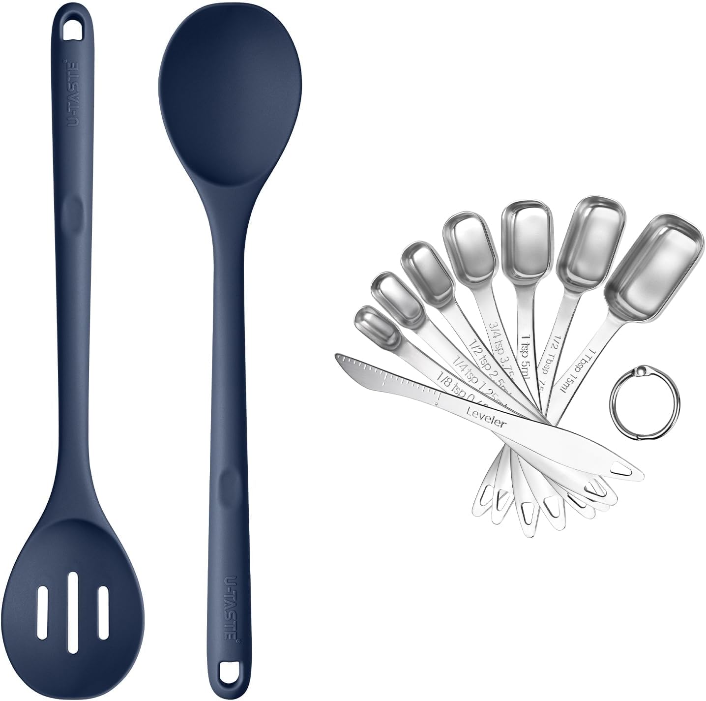 U-Taste 600ºF Heat Resistant Silicone Spoons, 13.3in Solid & Slotted Kitchen Mixing Tool, and 18/8 Stainless Steel Square Measuring Spoons Set of 8 (Midnight Blue+Silver)