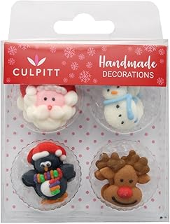 Culpitt Christmas Friends Sugar Pipings, Edible Royal Icing Decorations, Multi-Coloured Festive Cake and Cupcake Toppers, Santa, Snowman, Penguin, Ruloph - Pack of 12