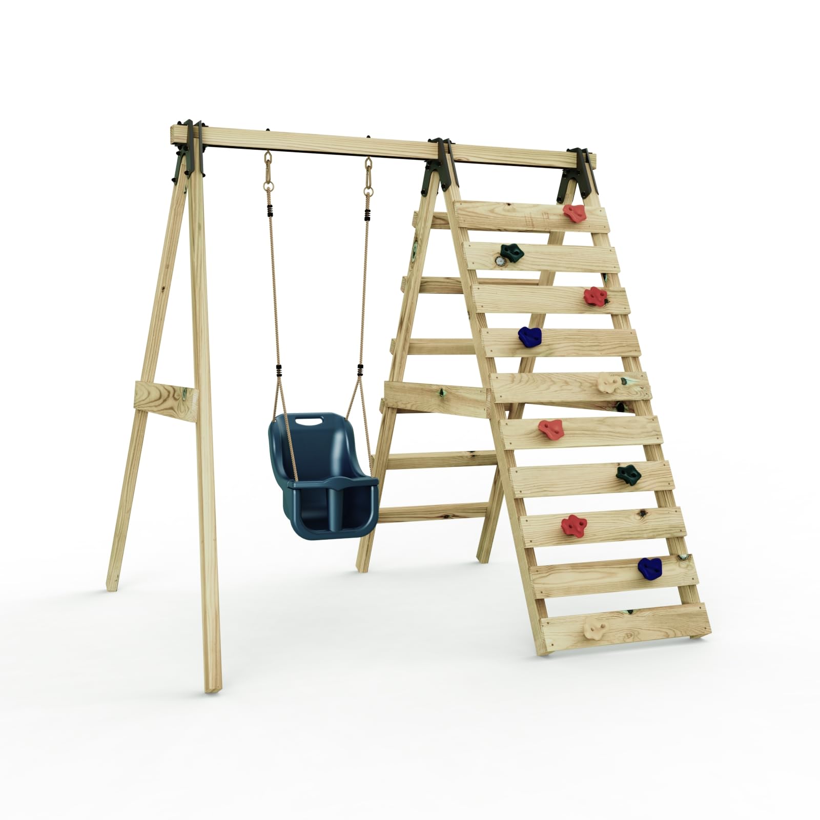 Rebo Blue Glide Wooden Single Swing Set With Climbing Wall And Swing Seat – Lavender (Navy Baby Swing) | Outdoortoys | Kids Outdoor Wooden Play Equipment For Gardens, Frame & Accessories Included