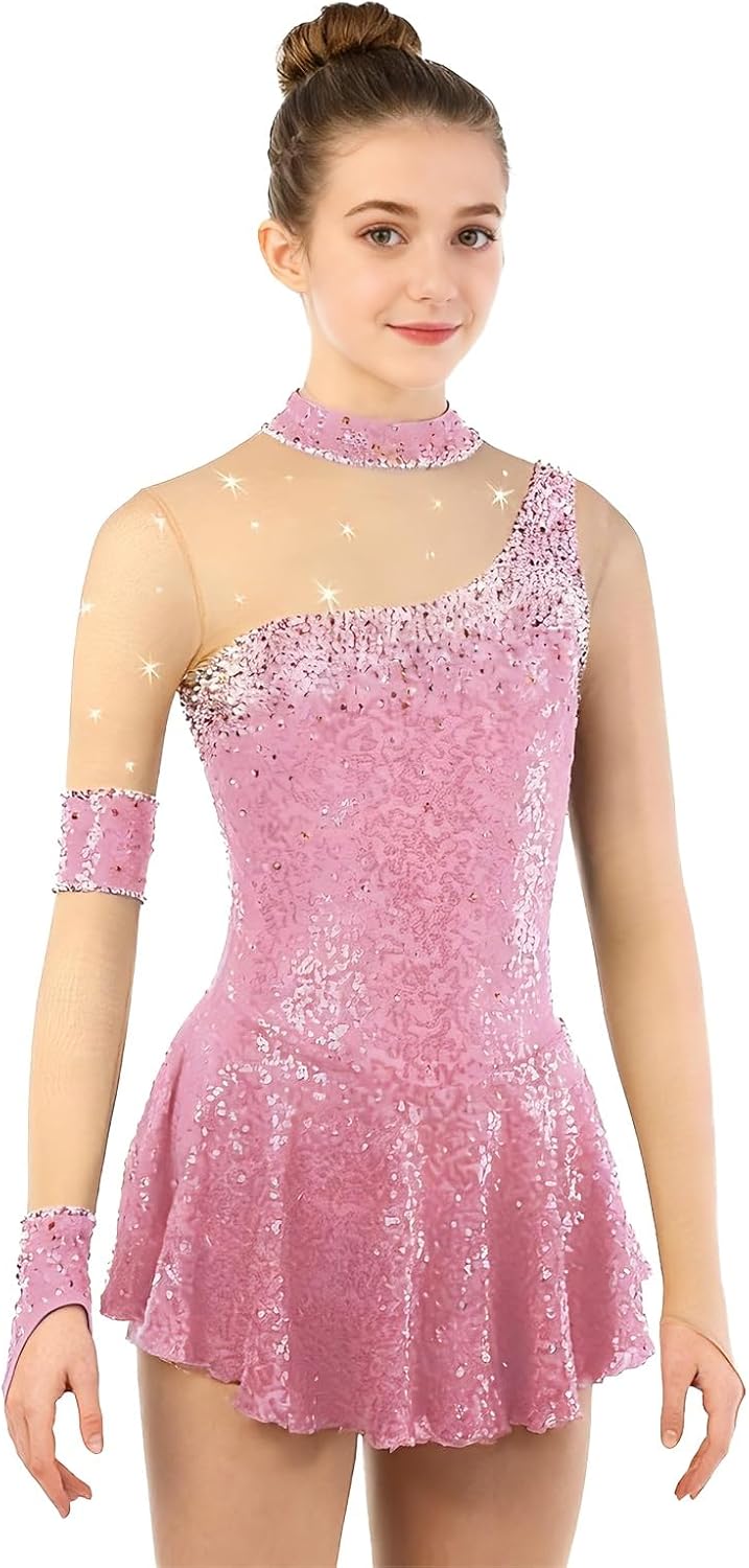 Girls Figure Skating Dress for Competition Performance, Women's Long Sleeve Ice Skating Dress with Shiny Rhinestone
