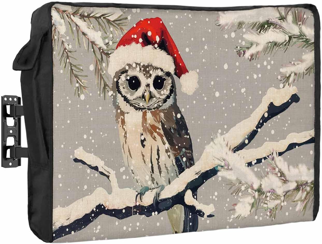 Christmas Owl Outdoor TV Cover 60"-65" - 600D Waterproof TV Cover Weatherproof TV Screen Protector Dustproof Winter Branch Leaves Snow Red TV Display Protector for Outside Flat Screen TV