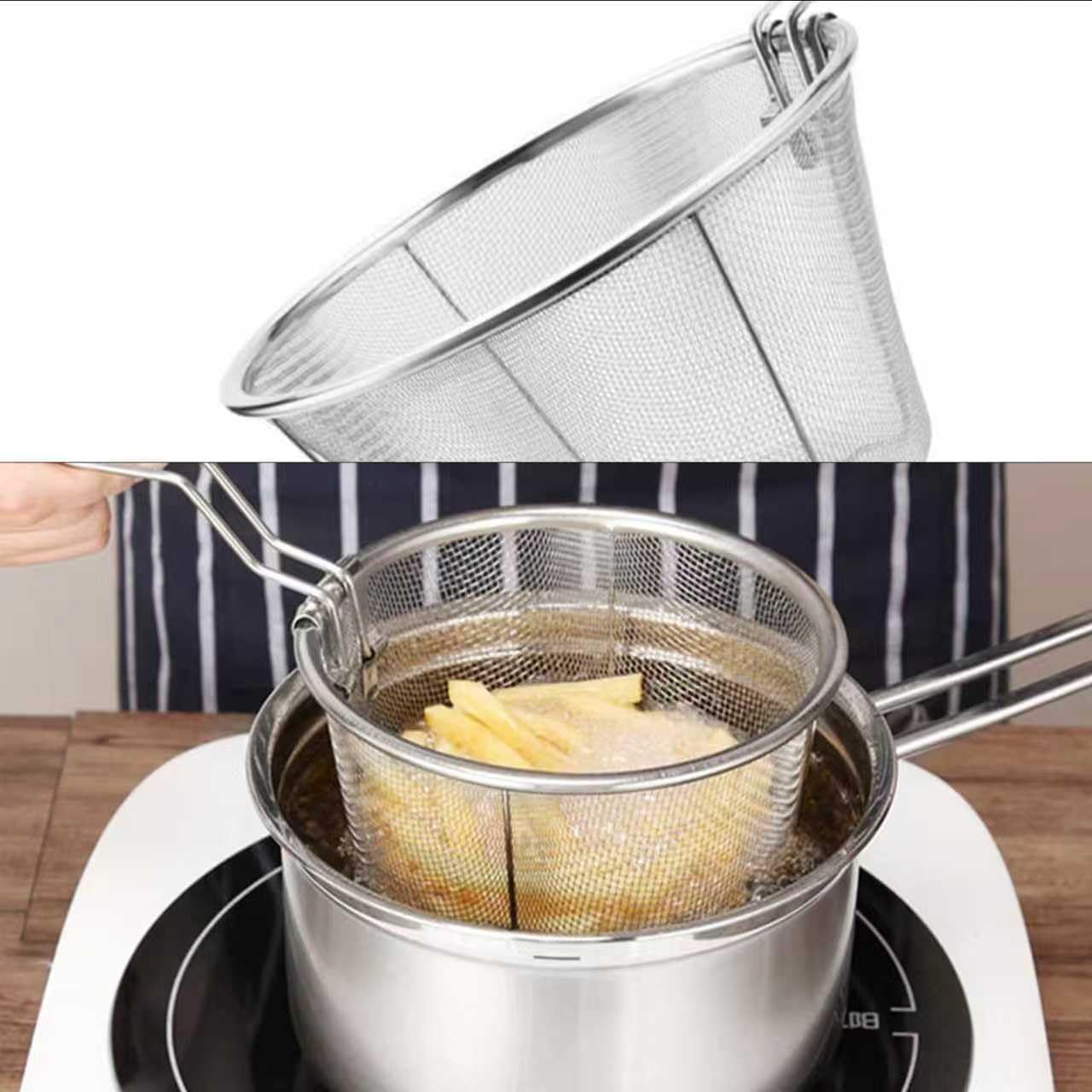 7-Inch Round Stainless Steel Deep Fryer Basket | Features a Foldable Handle for Easy Storage. Ideal for Frying Chips, Chicken & More in Your Home Kitchen.