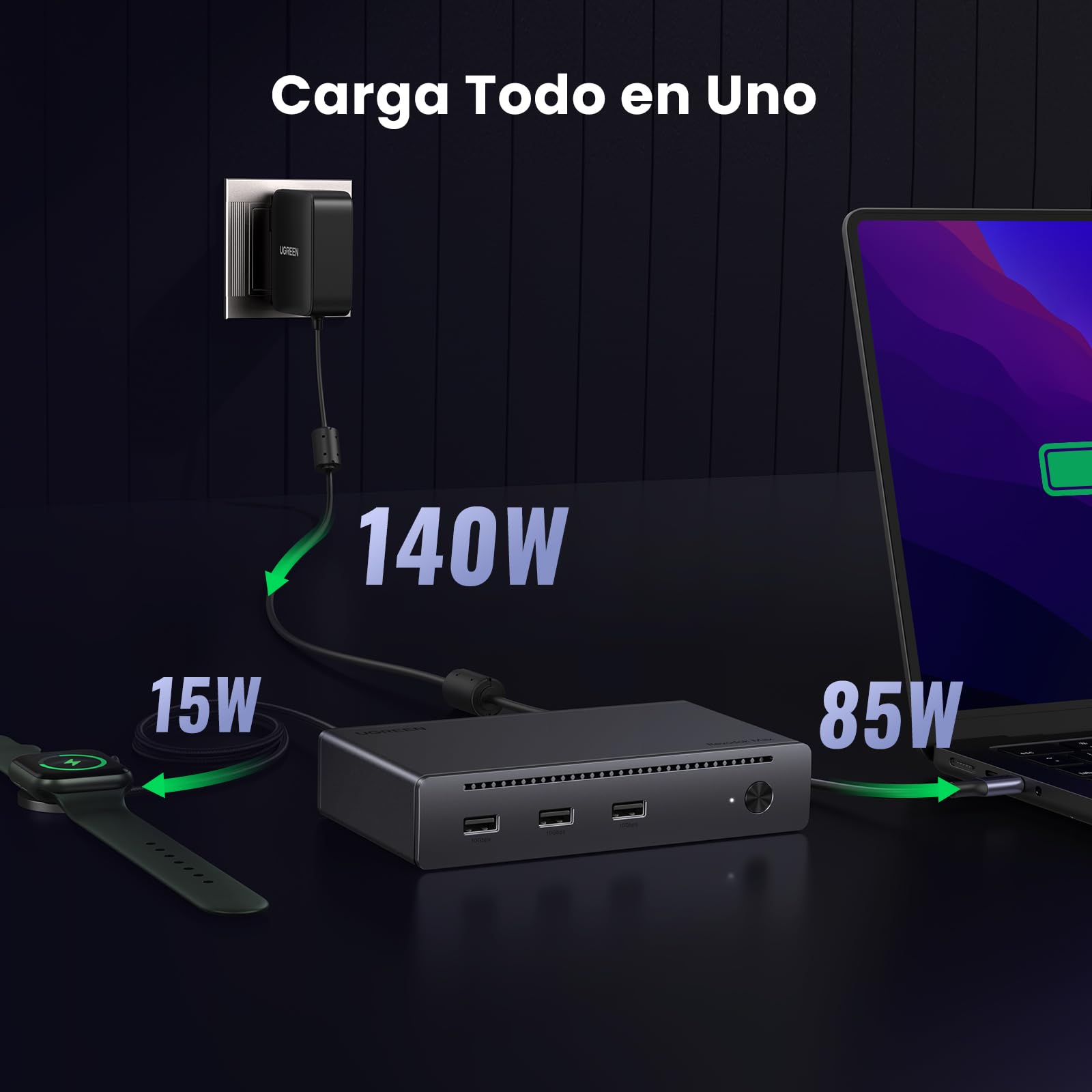 UGREEN Revodok MAX 208 Docking Station USB C Thunderbolt 4 Doble Pantalla | 8 en 1, 3 TBT4, 40Gbps, Único 8K30Hz, Doble 4K60Hz, Múltiples USB 3.2 10Gbps, Ethernet Gigabit, Carga 85 W, Entrada DC 140 W