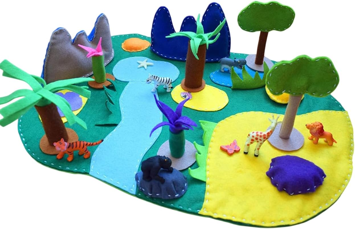 Africa Play Mat with 6 Animals for Kids Montessori Waldorf Play Set Travel Toy Toddler Activity Imaginative Educational Savvanah Small World Animal Habitat Fine Motor Skills