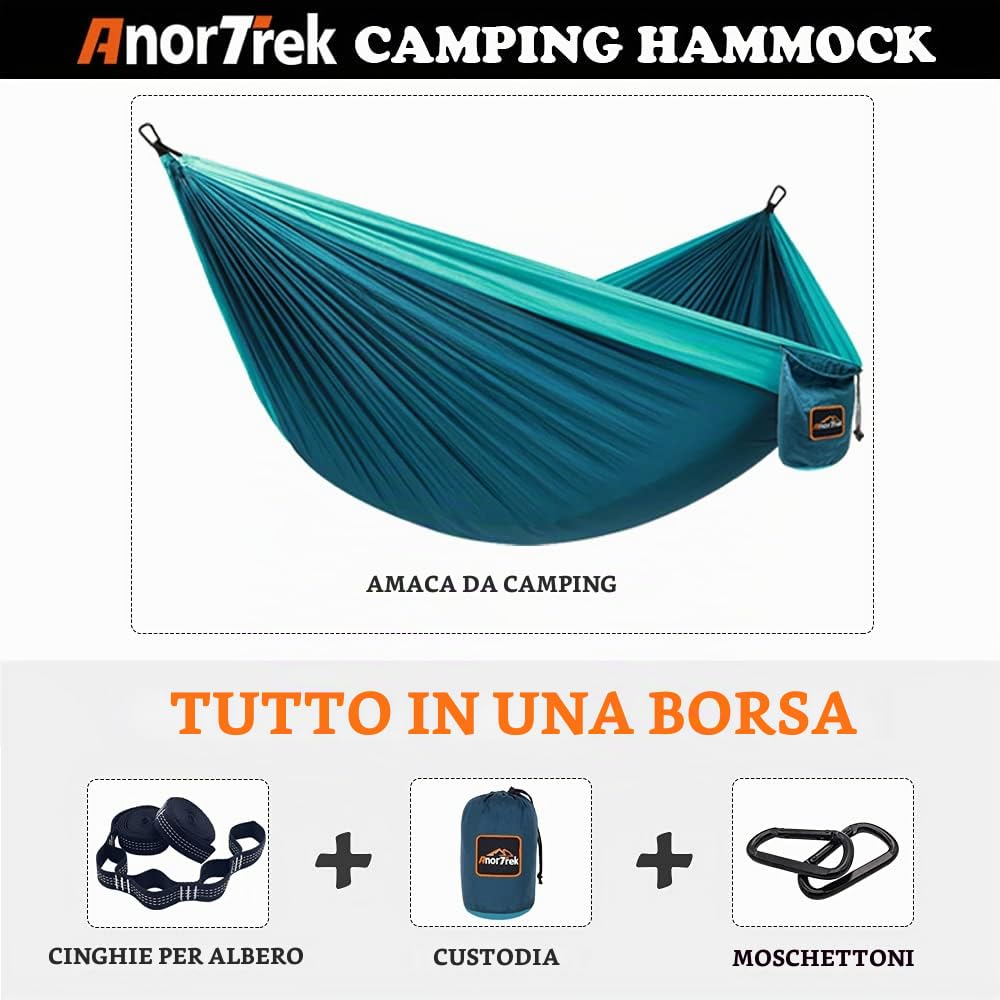 AnorTrek Amaca da Campeggio, Super Leggera e Portatile in Paracadute con Due Cinghie per Albero, Singola o Doppia in Nylon da Viaggio per Campeggio, Backpacking e Escursionismo