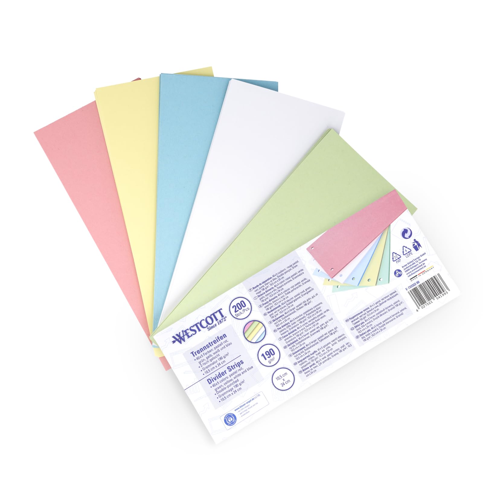 Westcott Divider Strips 200 Pack Assorted Pastel Colours | Sturdy 190 g/m² Filing Strips for A4 Lever Arch Files | Index Dividers 10.5 x 24 cm | Double-Punched for A4 Documents | E-733322 00