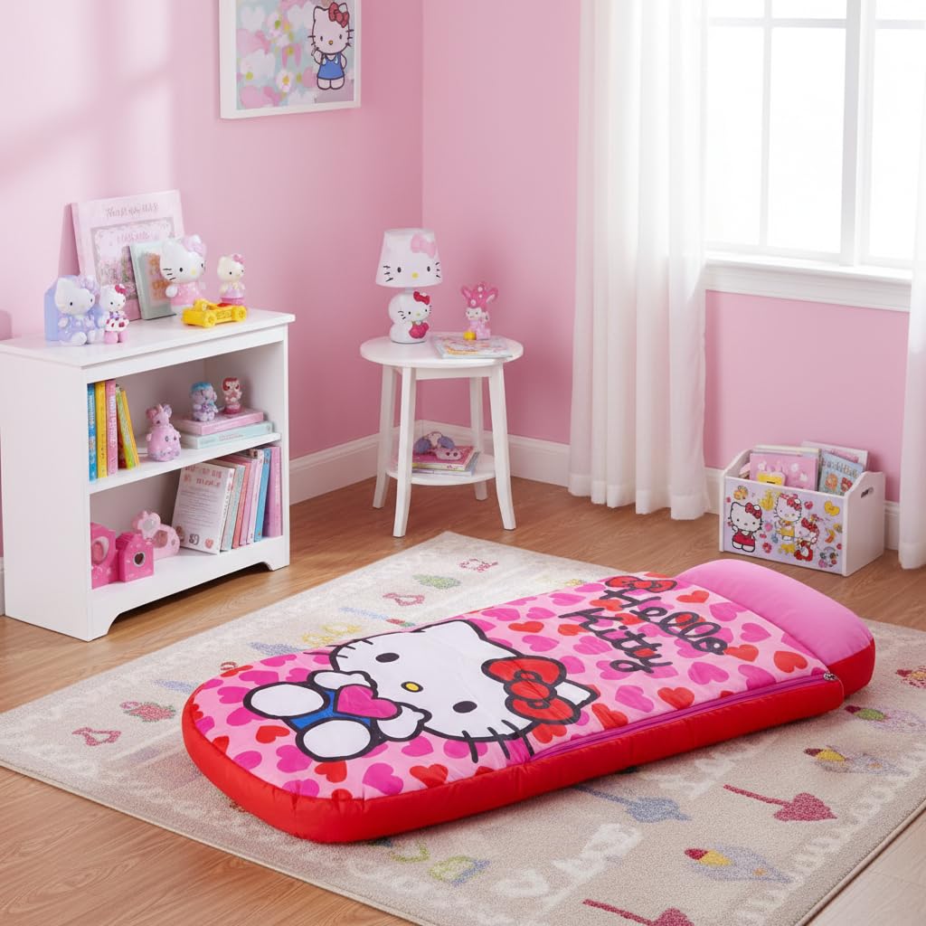 Character World Hello Kitty ReadyBed - Letto gonfiabile per bambini, sacco a pelo con pompa, materasso da viaggio per ragazze, per pigiama party, campeggio o uso domestico