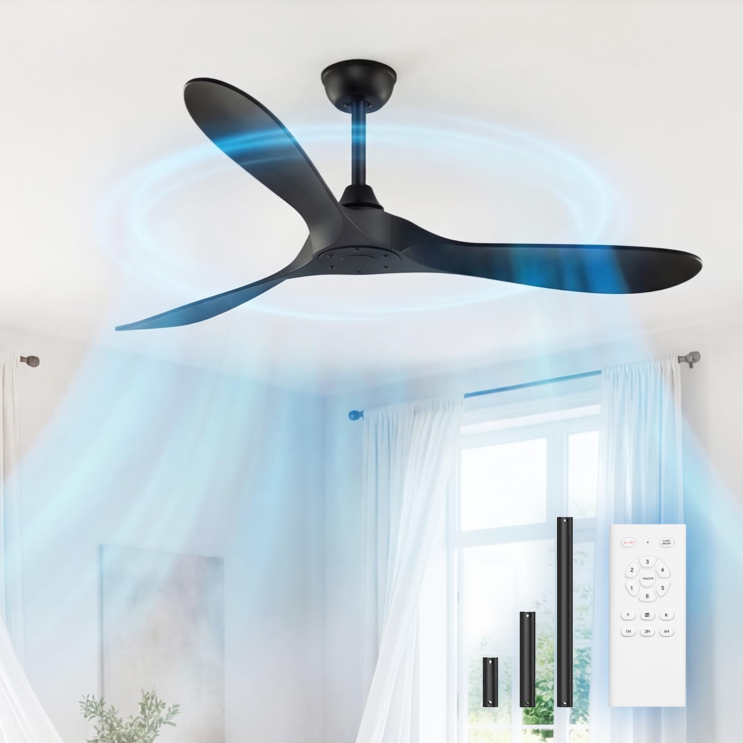 Photo 1 of KASASS Black Ceiling Fan No Light, 52" Outdoor Fans for Patios/Porch/Bedroom/Kitchen with Remote, Noiseless, 3 Downrods, 6 Speed, Reversible DC Motor, Modern, 3 Blades, Timer
