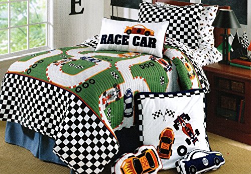 Authentic Kids Racing Car 2pc Bedspreads Quilt Set for Teens Kids Boys Hot Rod Race Track Cars Reversible Black and White F1 Checkered Flags Quilted Bedding Bedspread
