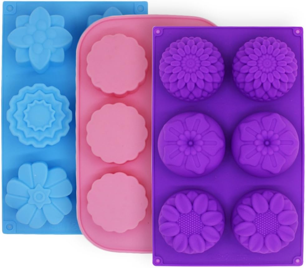 3 Pcs Cake Muffin Mooncake Silicone Molds, FineGood Flower-Shaped Pans for Making Jelly Pudding Cookies Chocolate, DIY Handmade Soap Trays, 6-Cavity - Purple, Blue, Pink