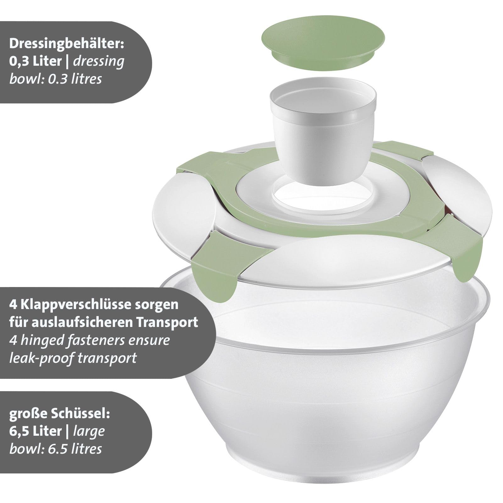 Westmark Insalatiera con Manico e Contenitore per Condimento, Capacità 6.5 Litri, Plastica, Praktika, Trasparente e Bianco e Verde, 2422227M