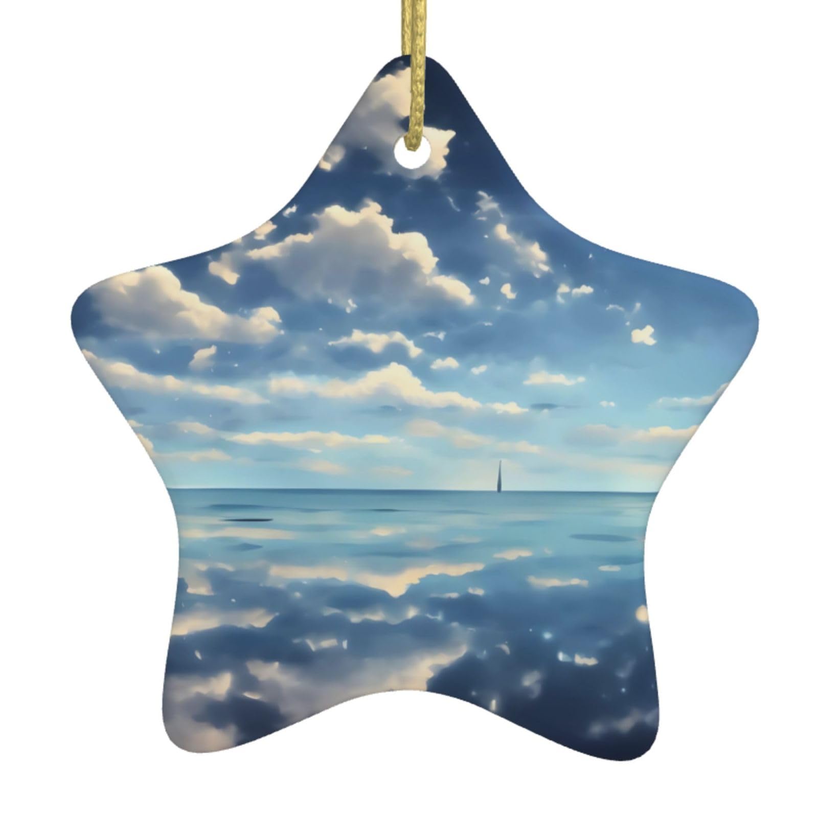 White Clouds Over The sea Christmas Ceramic Star Pendant with Punched Holes and Gold Wire Rope, Christmas Tree Home Decoration