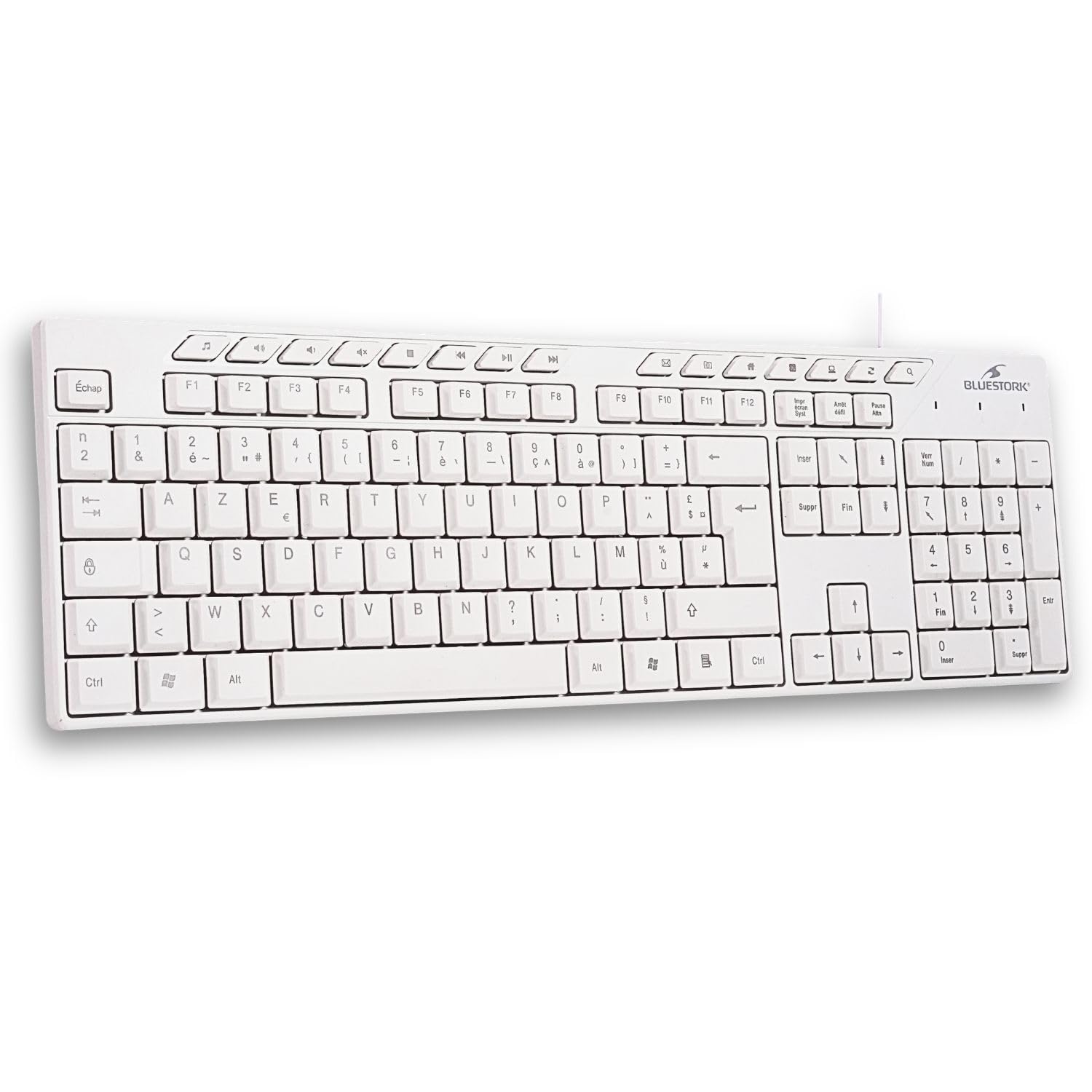 Bluestork KB Media Office - White Keyboard with USB Cable with 15 Multimedia Keys, Easy Connection, Lightweight and Robust Design, AZERTY Keyboard, Ergonomic and Quiet - Windows and Linux PC | Con cable USB, 15 teclas multimedia, ergonómico, silencioso, blanco, compatible con PC con Windows y Linux