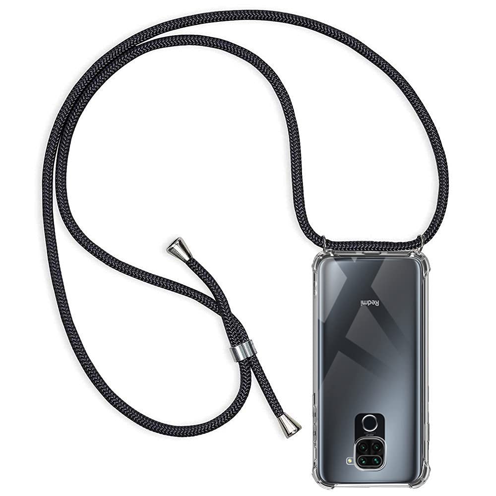 Casecool Mobile Phone Chain Compatible with Xiaomi Redmi Note 9, Mobile Phone Necklace Case with Strap Protective Case Cord for Hanging, Transparent Soft TPU Silicone Bag, Black
