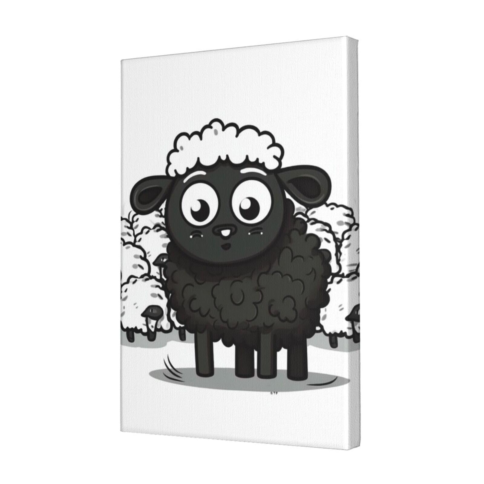 KLOPH Cartoon Black White Sheep Canvas Wall Art for Living Room 12"x18" Modern Artwork Painting for Bathroom Hanging Canvas Prints Aesthetic Wallart for Bedroom Kitchen Office Wall Decor