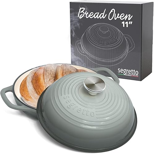 Sartén de hierro fundido esmaltado con tapa, 11 pulgadas Grigio Scuro (gris) Horno de pan de hierro fundido para hornear masa madre, horno holandés