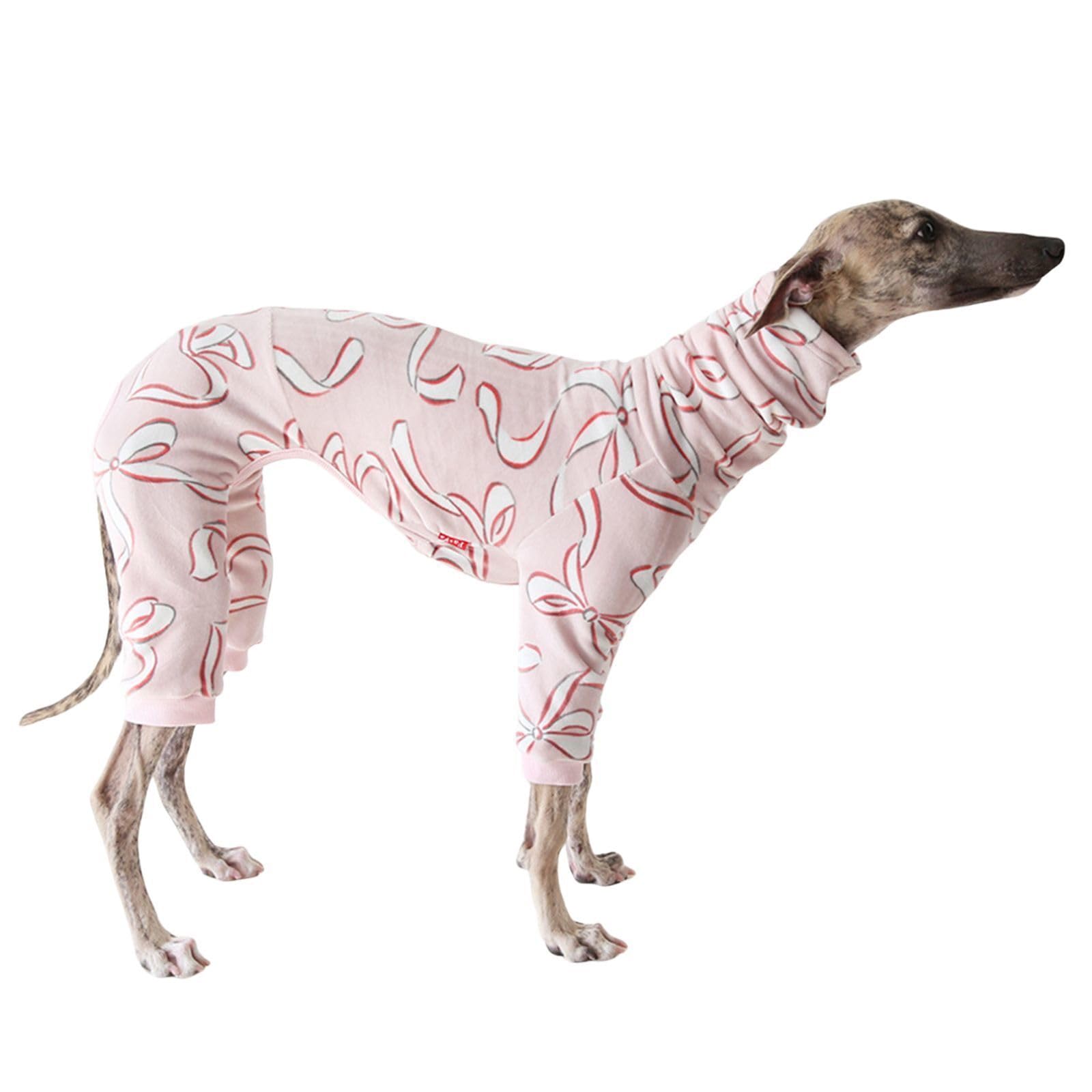 Lightweight Italian Greyhound Jumper，Turtleneck Whippet Four-Legs Cotton Pajamas Soft Dog Onesie Loungewear Dogs Jumpsuit, Pink Ribbon_XXL