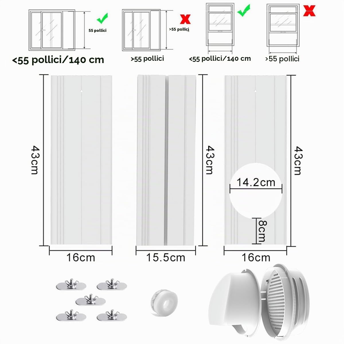 Kit di ventilazione portatile per aria condizionata con guarnizione della finestra per tubo di scarico diametro 13/15 cm