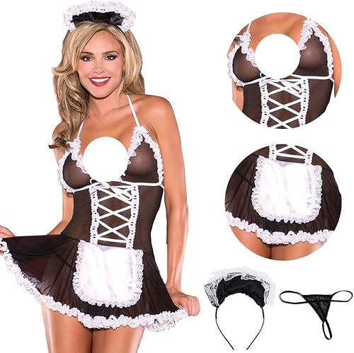 Miniatura 3 de Disfraz de sirvienta francesa para mujer, lencería sexy, uniforme de sirvienta traviesa, cosplay, encaje, babydoll con delantal, vestido elegante