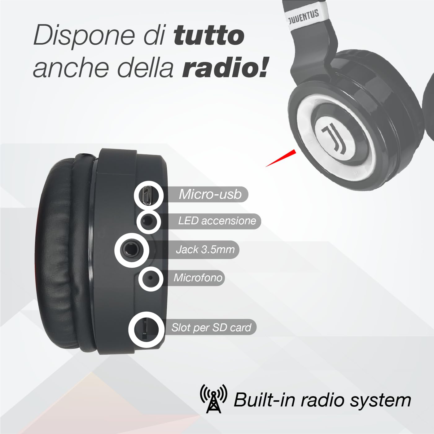 Juventus Casque sans fil sans fil Over-Ear Bluetooth pliable avec microphone intégré, HiFi Stéréo, Micro SD Slot, FM Radio pour iPhone/Android/Voyage/PC (+ Localisateur)
