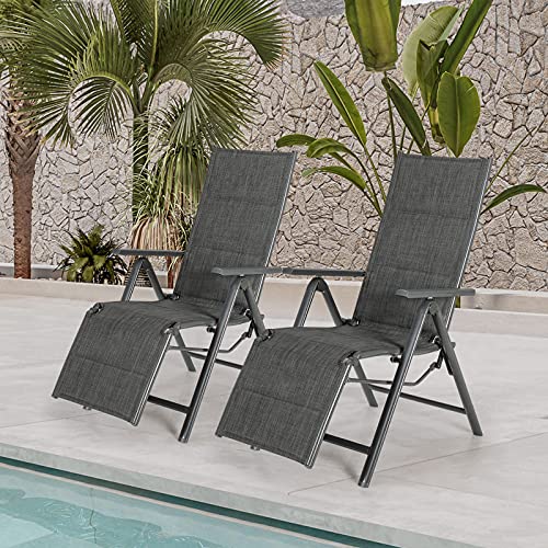 Giantex Reclining Patio Chairs 7 Positions Adjustable Backrest Outdoor Folding Recliners Aluminum Frame Padded Lounge Chair Lawn Porch Furniture (1, Gray) #TOP3