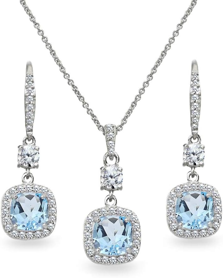 Jewelry Sets for Women, Necklace and Earring Sets for Women, Birthstone Jewelry, Genuine or Synthetic Gem, Cushion Cut Necklace and Drop Earrings Set, Pendant Necklace, Dangle Earrings, Silver Jewelry