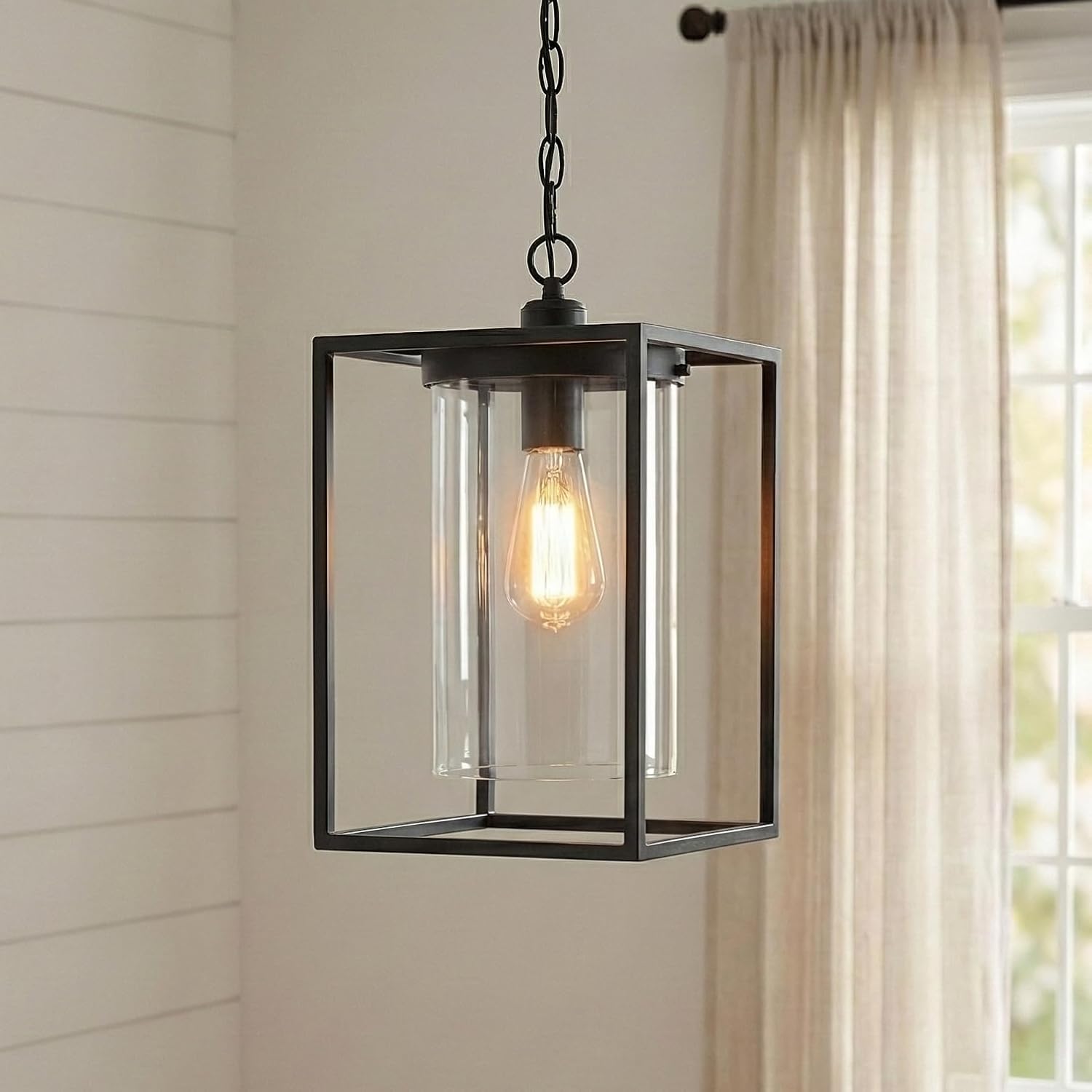 Maxax 6-Pack Industrial Pendant Lights, Black Farmhouse Hanging Ceiling Fixtures, Modern Metal Cage Lantern Chandeliers with Glass Shade, Bulk Set for Hallway, Entryway, Corridor & Foyer