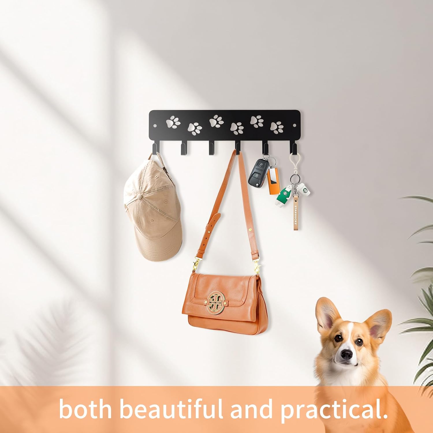 Key Hooks Key Holder Decorative Dog Leash Holder for Wall, 6 Hooks 9.75×2.73 inch for Wall Decorative Animal Storage Rack Adhesive, Black Hooks for Entrance Living Room Kitchen-Gifts for Dog Lovers