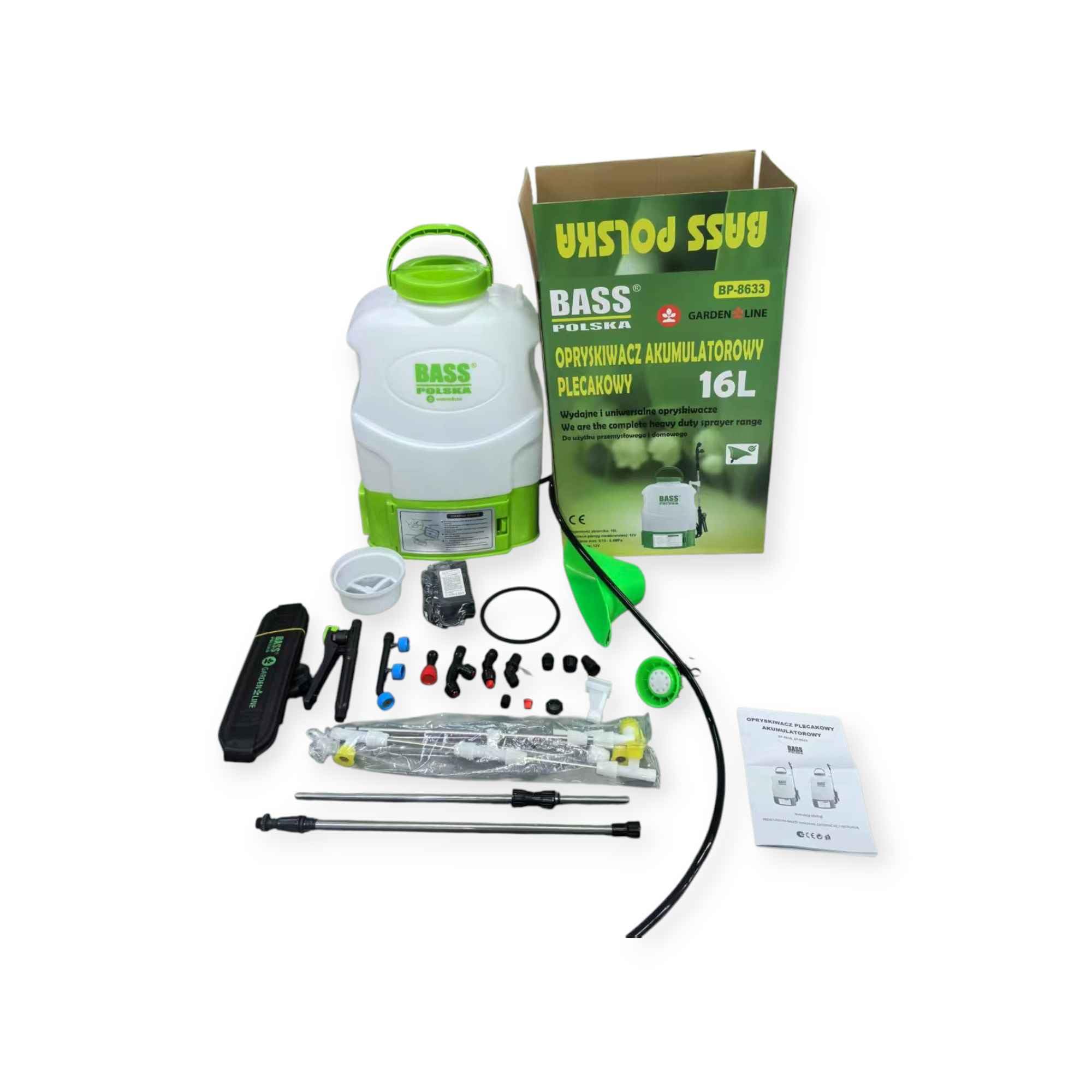 Bass Polska Spruzzatore posteriore a batteria, 16 l, elettrico da giardino con pompa a membrana da 12 V, lancia telescopica, ugello per erbicidi, caricabatterie, bianco-verde