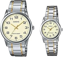 Casio His & Hers Beige Dial Stainless Steel Band Couple Watch - Mtp/Ltp-V001Sg-9Budf, Silver Band, Analog Display